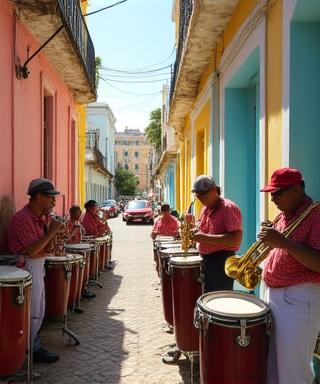 Strade colorate de L'Avana con musicisti locali su una panchina